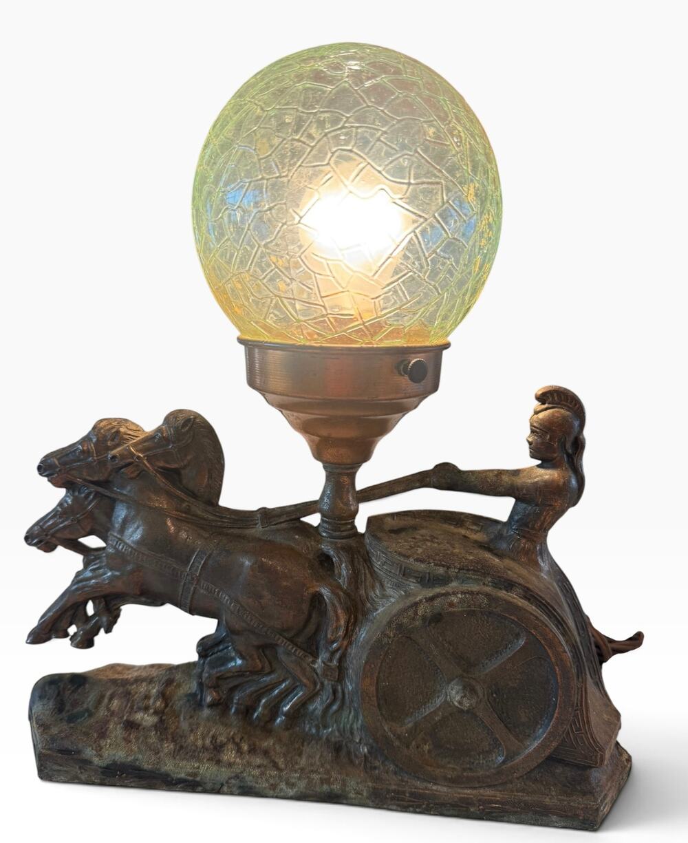 1930s Vintage Brass Roman Horse Chariot Globe Lamp 4 Horses Working LightWorks
